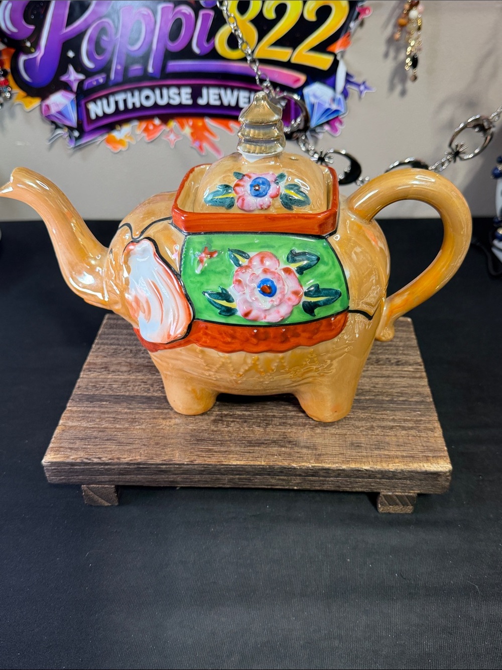 Hand-Painted Elephant Teapot - Luster wear Orange Ceramic with Floral Accents